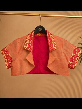 Cropped Bolero Gold Orange Shimmer Woven Border Trim Open Front S/M Boho Glam